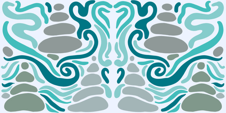 Cheerful seamless vector pattern featuring balanced stone cairns on a beach, cut-out style with mosaic-like simplicity