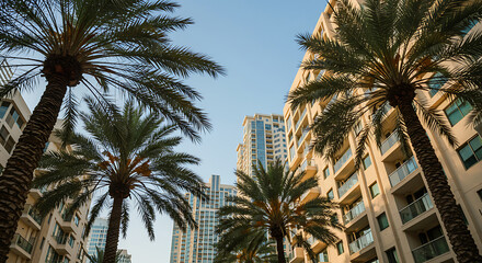 Palm trees framing modern city buildings for tropical travel, urban lifestyle, or real estate content