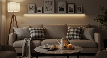 Cozy Living Room Scene with Soft Lighting, Candles, and Artwork