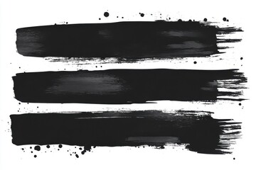 Abstract black paint brush strokes.  Three horizontal, textured brushstrokes with splatters