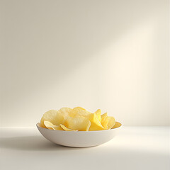Minimalist composition of golden crispy potato chips elegantly arranged in a light wooden bowl against a neutral background. Concept for snacks, comfort food, and modern food styling