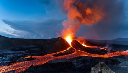 volcanic eruption at twilight, glowing lava flow and dark smoke 