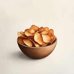Minimalist composition of golden crispy potato chips elegantly arranged in a light wooden bowl against a neutral background. Concept for snacks, comfort food, and modern food styling