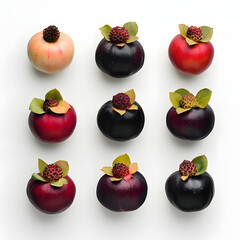 Fresh mangosteens arranged in a clean grid pattern on a white background. Minimalist tropical fruit concept symbolizing healthy eating, organic produce, and vibrant natural foods
