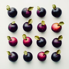 Fresh mangosteens arranged in a clean grid pattern on a white background. Minimalist tropical fruit concept symbolizing healthy eating, organic produce, and vibrant natural foods