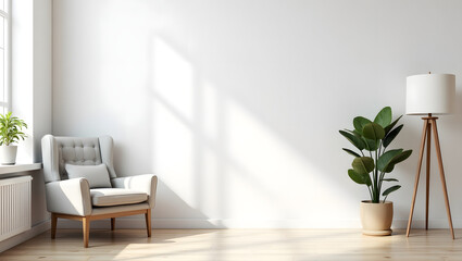 Minimalist interior scene featuring a cozy armchair, potted plant, and a clean blank wall, perfect for wall art, poster, or paint mockup displays.