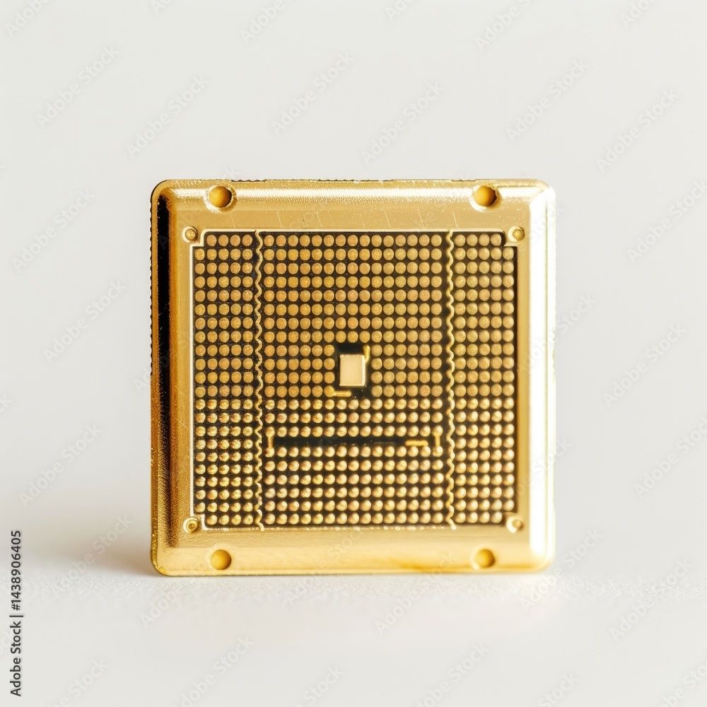 Poster a golden microchip showcasing intricate circuitry design. isolated on white background