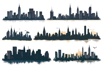 Fototapeta premium Cityscape silhouettes collection of urban skylines with architectural landmarks and city views