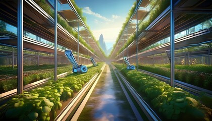 smart farm with vertical gardens and robotic harvesters, 