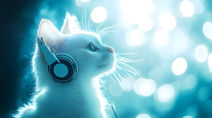 Energetic white kitten wearing headphones on a concert stage, illuminated by blue spotlights. Perfect for music, entertainment, DJ culture, pet fun, nightlife, and party-themed projects