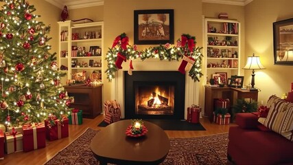 Cozy holiday living room with festive decorations and warm fireplace ambiance
