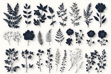 Fototapeta premium Elegant floral botanical silhouettes assortment of flowers and ferns isolated on white