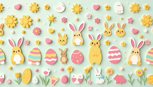 Adorable Easter Bunnies and Eggs Festive Papercraft Design Pastel Background