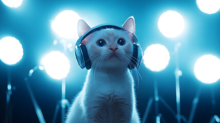 Cute white cat wearing headphones under bright concert lights. Fun, playful concept perfect for music, entertainment, pets, DJ culture, and modern lifestyle designs