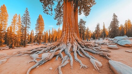 Majestic ancient redwood trees' extensive roots spread across the ground