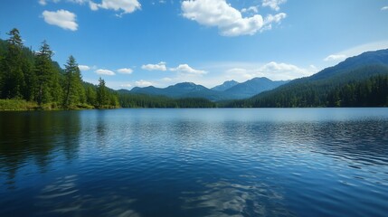 Serenity Reflects: Forest Embrace on a Calm Lake under Azure Skies