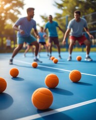 Fototapeta premium Group of young athletes playing a ball sport on an outdoor court with multiple orange balls scattered around, captured in action under warm natural sunlight 