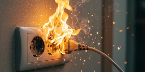 EU Electrical outlet fire caused by plugged-in cord in socket with flames, smoke, sparks. Risks of faulty wiring, short circuit, fire hazards, home safety. Perfect for danger awareness, insurance