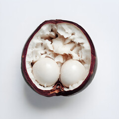Fresh mangosteen fruit cut in half, showing juicy white segments against a deep purple rind. Perfect for tropical fruit collections, healthy eating promotions, exotic food markets, and nutrition theme
