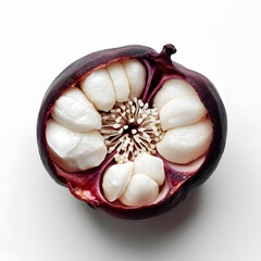 Fresh mangosteen fruit cut in half, showing juicy white segments against a deep purple rind. Perfect for tropical fruit collections, healthy eating promotions, exotic food markets, and nutrition theme