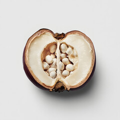 Fresh mangosteen fruit cut in half, showing juicy white segments against a deep purple rind. Perfect for tropical fruit collections, healthy eating promotions, exotic food markets, and nutrition theme