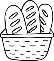 Illustration of Baguettes in a Basket Doodle Outline Farmer Market
