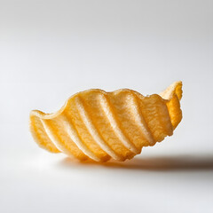 Close-up of a single golden ridged potato chip on a white background. Perfect for snack packaging, food advertising, minimalist design, fast food promotions, and crunchy snack concepts