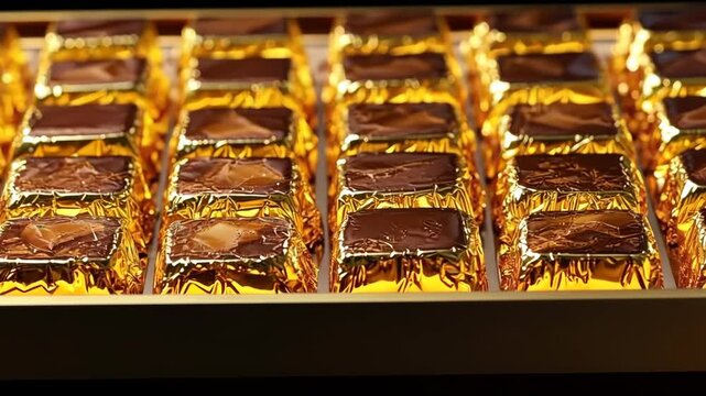 Shiny golden chocolate wrapping process reveals luxurious confectionery