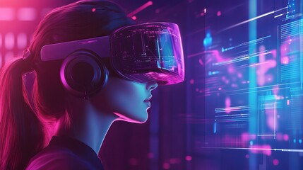 Woman with vr headset immersed in digital world with neon lights and abstract data visualizations