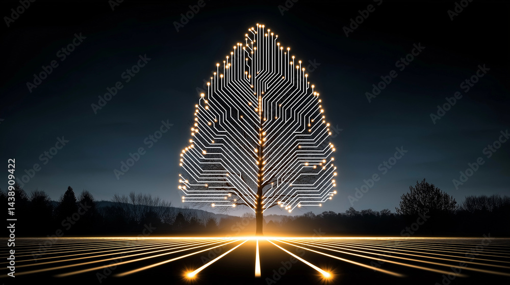 Poster digital tree: a captivating visual narrative merges the organic form of a tree with the intricate ci