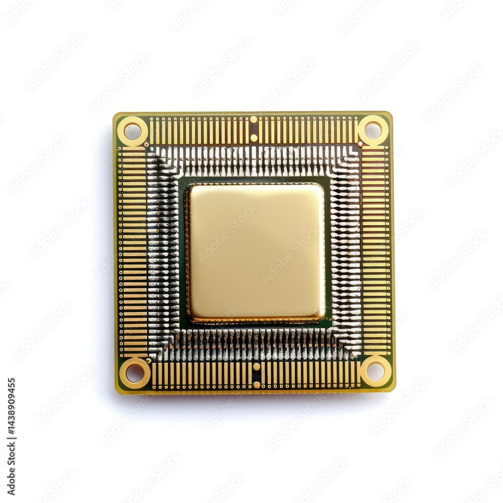 Poster a close-up image of a computer microprocessor with a gold surface and circuit connections. isolated 
