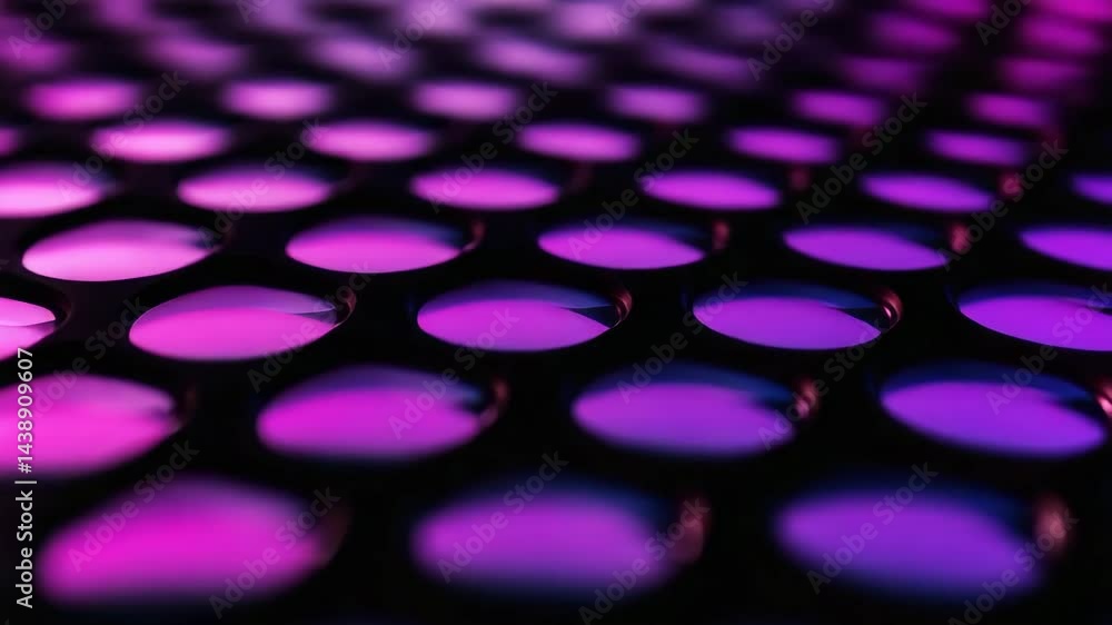 Poster close-up of circular patterns with a purple and pink gradient lighting effect.