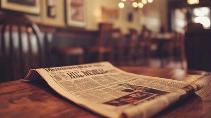 A newspaper rests on a wooden table in a dimly lit pub.