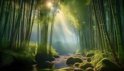 bamboo forest with sunbeams filtering through mist, peaceful 