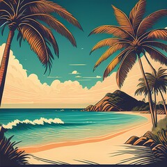Fototapeta premium vintage-style travel poster illustration of a tropical beach 