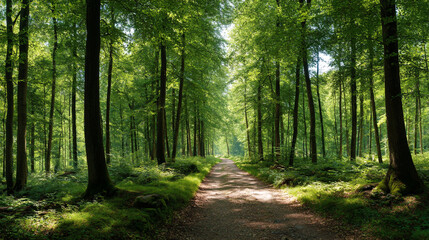 Obraz premium Beautiful green forest landscape photography with hiking trail trees and natural light scenery background image