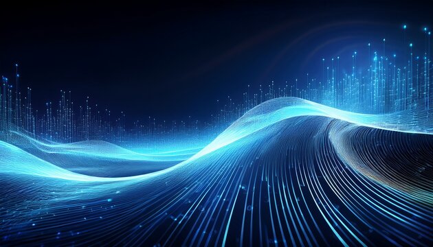 abstract glowing wave of binary code moving through a digital 