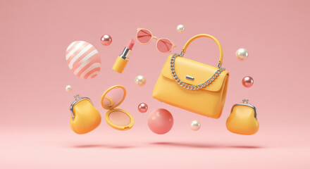 Floating Fashion: Chic Yellow Handbag, Lipstick, & Sunglasses in Pink Dreamscape - Accessories, Beauty, Style, & Playful Elegance!