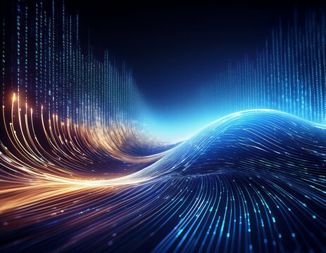 abstract glowing wave of binary code moving through a digital 