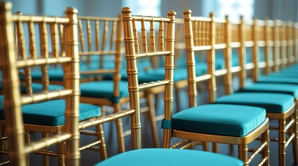 Close-up view of stylish and uniform golden chairs with blue-green seat pads, emphasizing event preparation, sophistication, and seating arrangement

