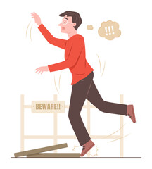 Young Man Stumbles Over Drain Cover on Pavement for Accident Concept Illustration