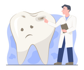 Male Dentist Doctor Pointing the Cavities on Tooth Cartoon Character for Dental Caries and Dental Healthcare Concept Illustration Clip Art