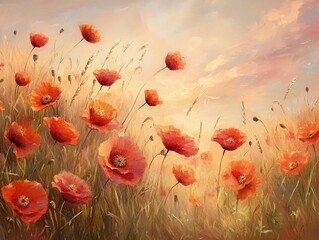 Obraz premium Poppy field at sunset