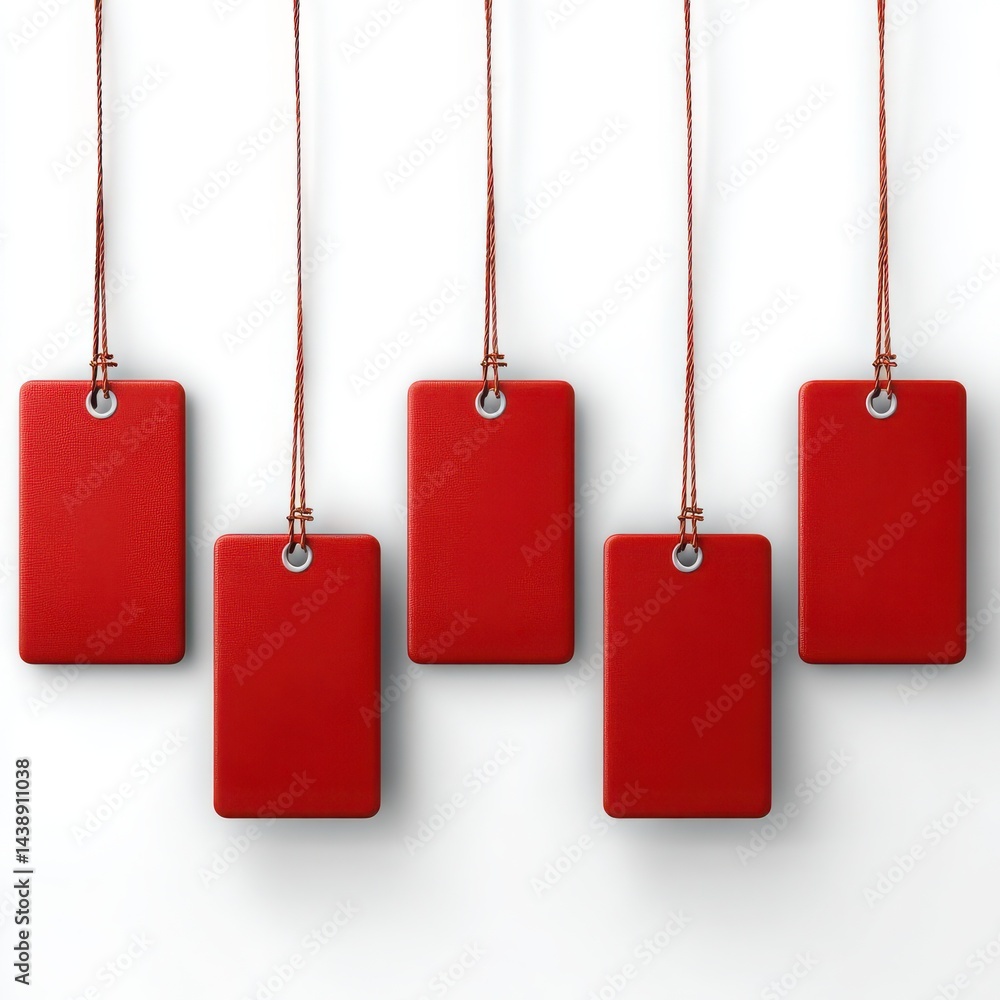 Poster five red tags hanging from strings against a white background in a studio setting with soft lighting