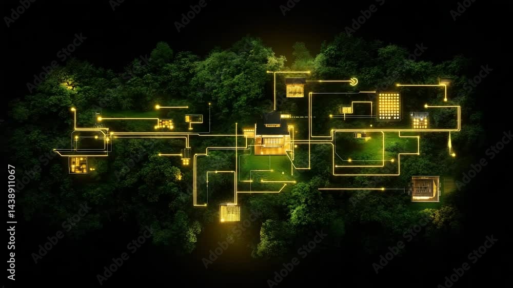 Poster a cluster of illuminated modern buildings interconnected by glowing lines, surrounded by dense green