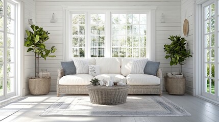 A stunning image of coastal and relaxing Hamptons sunroom featuring whitewashed shiplap walls and French doors, interior design and decor.