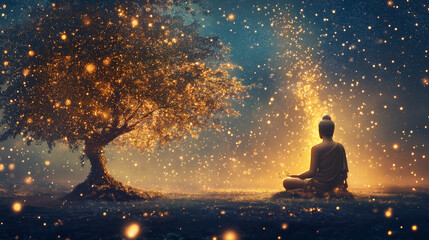 Fototapeta premium Zen Enlightenment: A serene statue of Buddha finds peace under a mystical tree, against a starlit sky, inviting you to a realm of tranquility and spiritual awakening.
