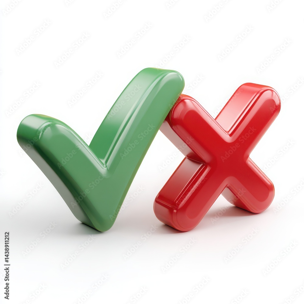 Poster a green check mark leaning against a red x symbol on a white surface with a soft shadow effect