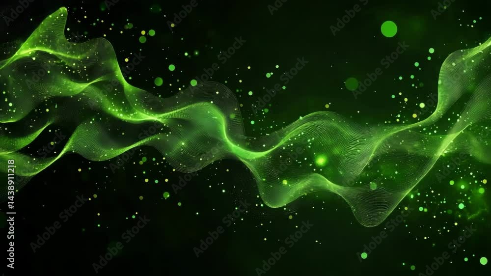 Poster a glowing green wave of light particles and abstract energy flows across a dark background.