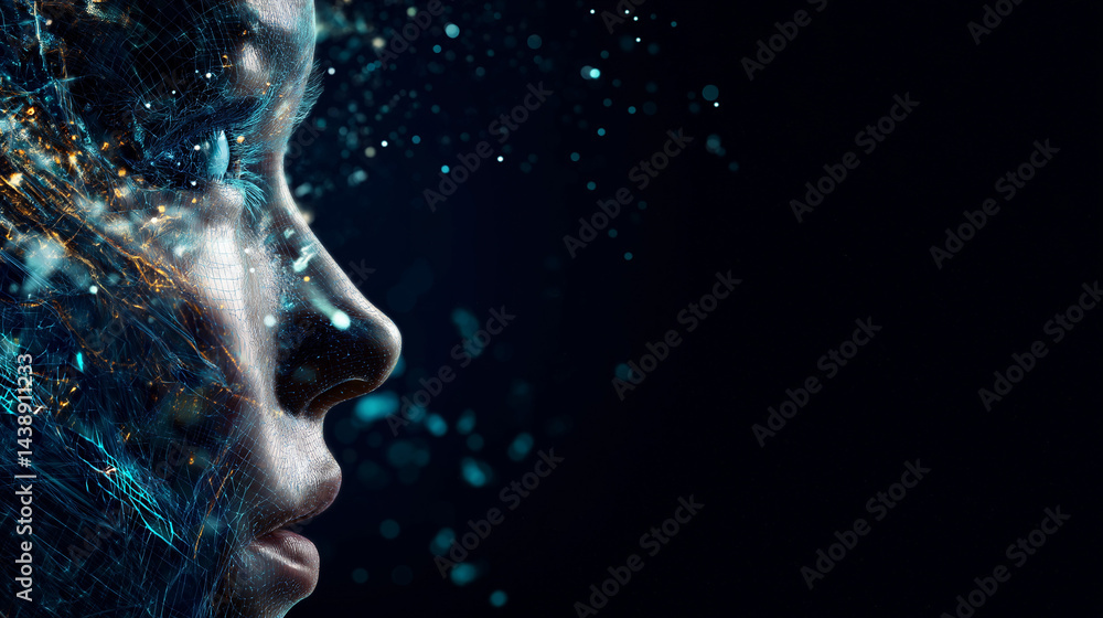 Aufkleber digital essence: a mesmerizing portrayal of a human profile morphing into a cosmic symphony of data 